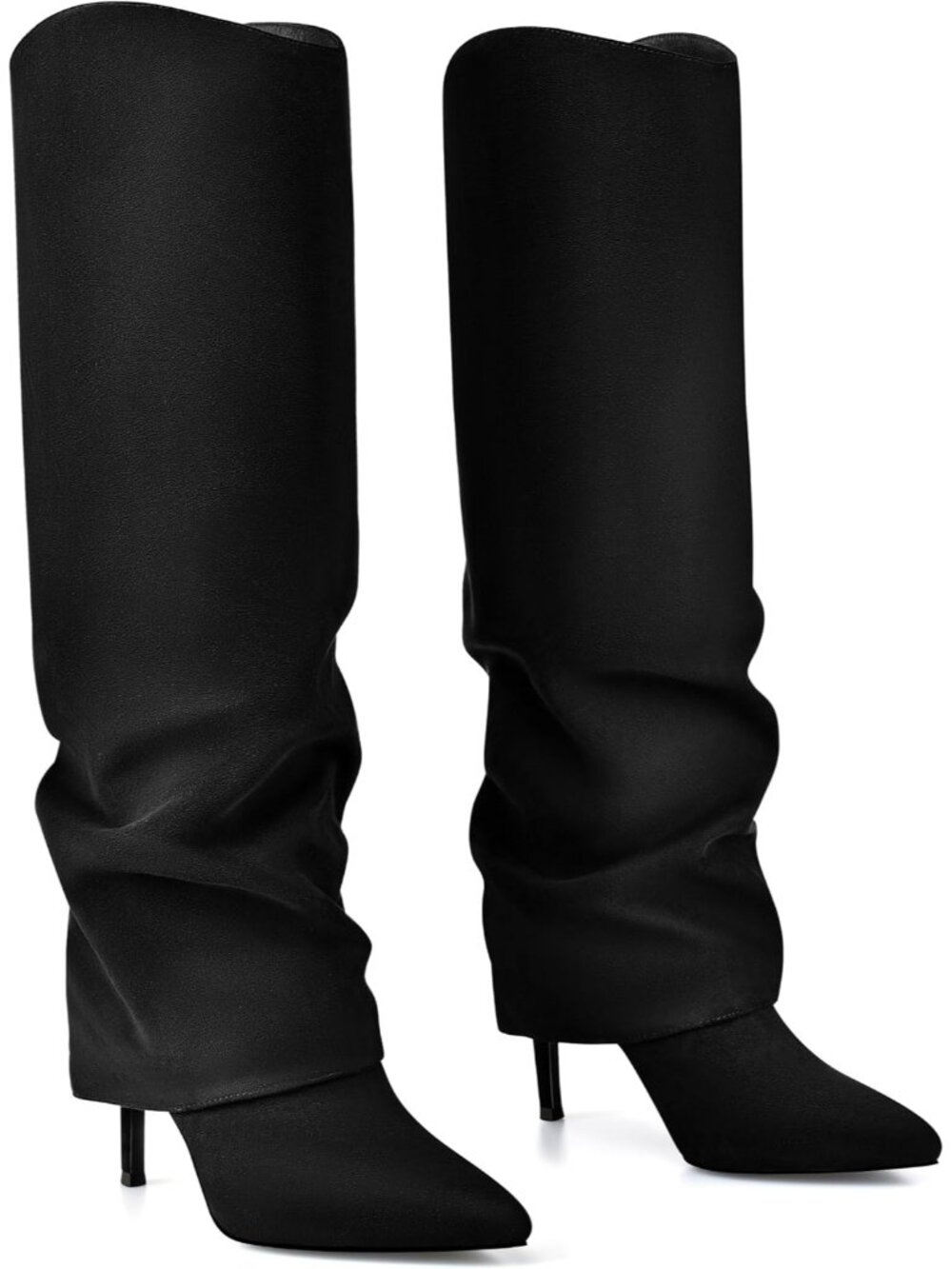 Women's Black Suede Fold Over Knee High Boots Pointed Toe Slouch Long Boots - Picture 5 of 6